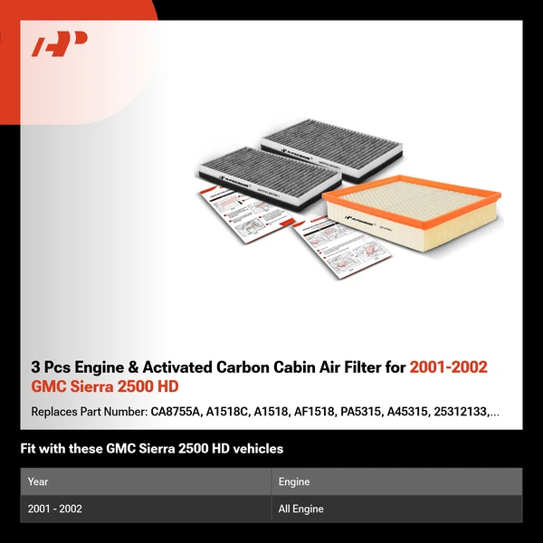 3 Pcs Engine & Activated Carbon Cabin Air Filter for 2001-2002 GMC Sierra 2500 HD