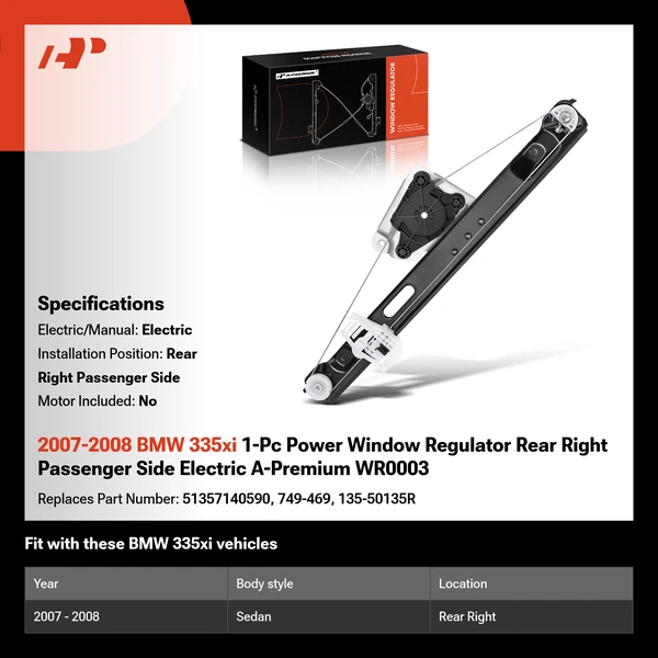 2007-2008 BMW 335xi 1-Pc Power Window Regulator Rear Right Passenger Side Electric A-Premium WR0003