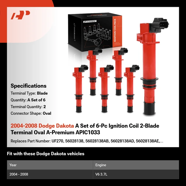 2004-2008 Dodge Dakota A Set of 6-Pc Ignition Coil 2-Blade Terminal Oval A-Premium APIC1033