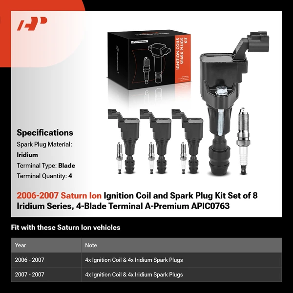 2006-2007 Saturn Ion Ignition Coil and Spark Plug Kit Set of 8 Iridium Series, 4-Blade Terminal A-Premium APIC0763