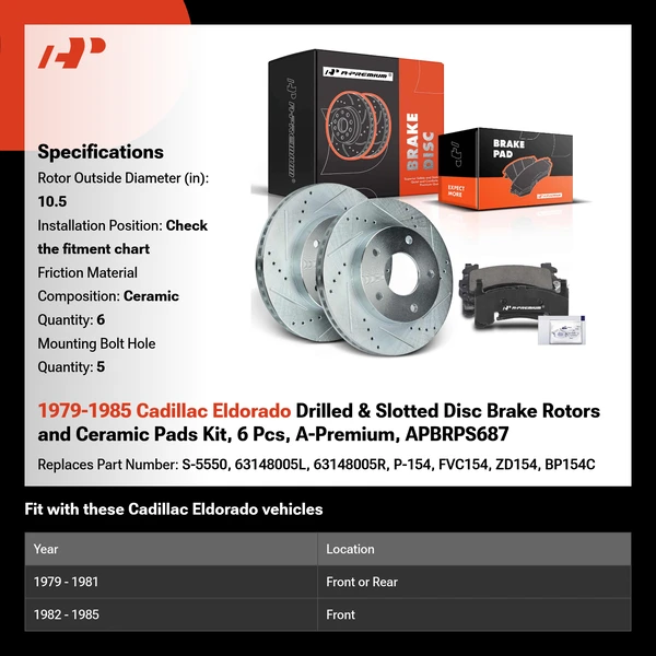 1979-1985 Cadillac Eldorado Drilled & Slotted Disc Brake Rotors and Ceramic Pads Kit, 6 Pcs, A-Premium, APBRPS687