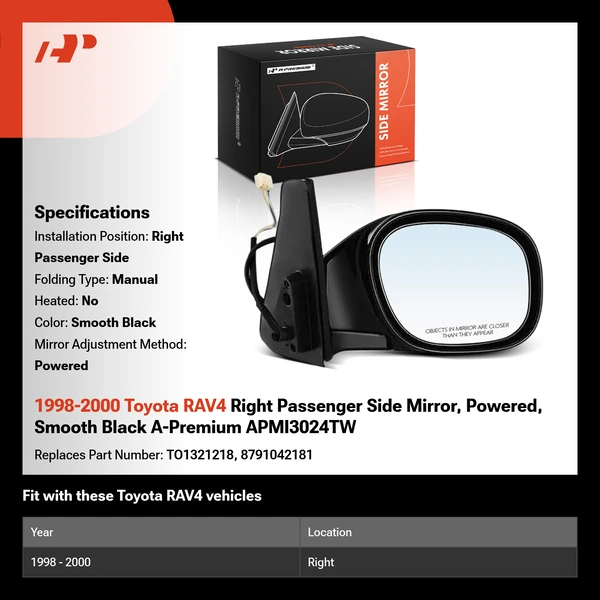 1998-2000 Toyota RAV4 Right Passenger Side Mirror, Powered, Smooth Black A-Premium APMI3024TW