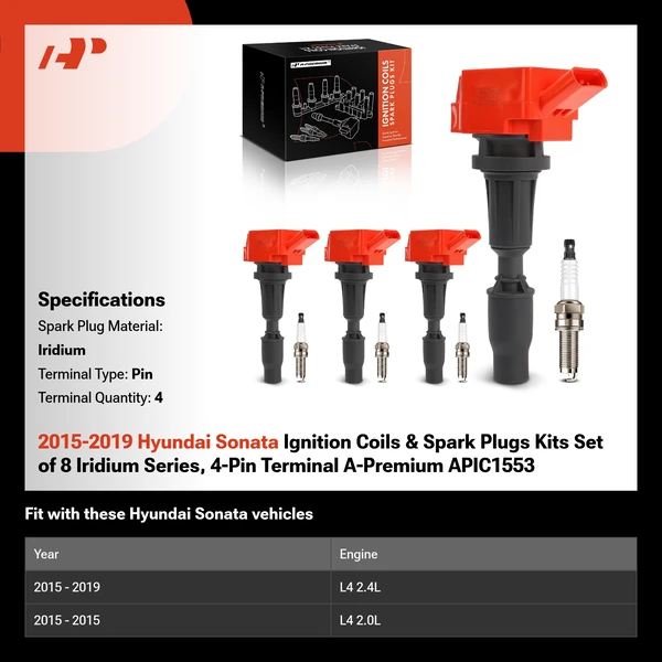 2015-2019 Hyundai Sonata Ignition Coils & Spark Plugs Kits Set of 8 Iridium Series, 4-Pin Terminal A-Premium APIC1553