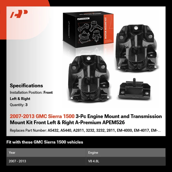 2007-2013 GMC Sierra 1500 3-Pc Engine Mount and Transmission Mount Kit Front Left & Right A-Premium APEM526