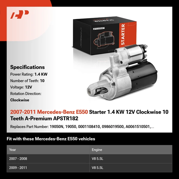2007-2011 Mercedes-Benz E550 Starter 1.4 KW 12V Clockwise 10 Teeth A-Premium APSTR182