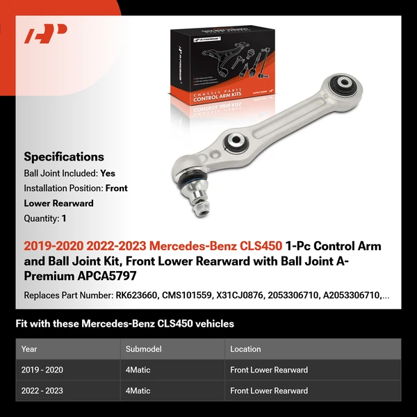 2019-2020 2022-2023 Mercedes-Benz CLS450 1-Pc Control Arm and Ball Joint Kit, Front Lower Rearward with Ball Joint A-Premium APCA5797