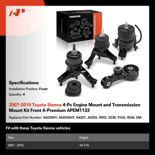 2007-2010 Toyota Sienna 4-Pc Engine Mount and Transmission Mount Kit Front A-Premium APEM1133
