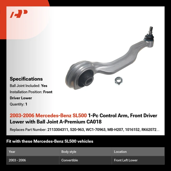2003-2006 Mercedes-Benz SL500 1-Pc Control Arm, Front Driver Lower with Ball Joint A-Premium CA018