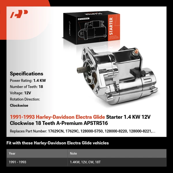1991-1993 Harley-Davidson Electra Glide Starter 1.4 KW 12V Clockwise 18 Teeth A-Premium APSTR516