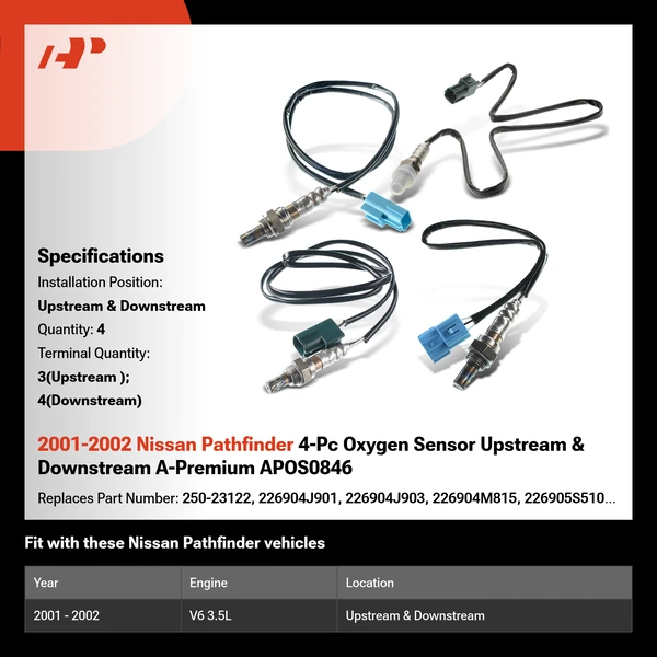 2001-2002 Nissan Pathfinder 4-Pc Oxygen Sensor Upstream & Downstream A-Premium APOS0846