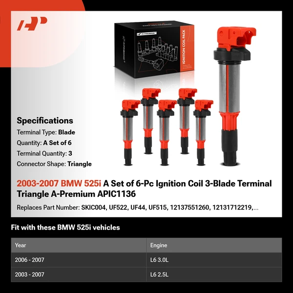 2003-2007 BMW 525i A Set of 6-Pc Ignition Coil 3-Blade Terminal Triangle A-Premium APIC1136
