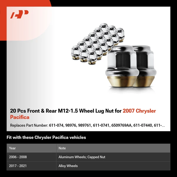 20 Pcs Front & Rear M12-1.5 Wheel Lug Nut for 2007 Chrysler Pacifica