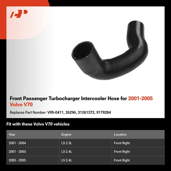 Front Passenger Turbocharger Intercooler Hose for 2001-2005 Volvo V70