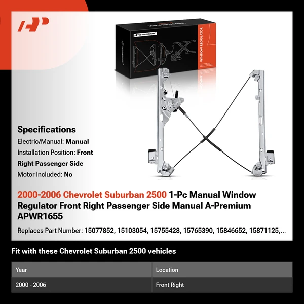 2000-2006 Chevrolet Suburban 2500 1-Pc Manual Window Regulator Front Right Passenger Side Manual A-Premium APWR1655