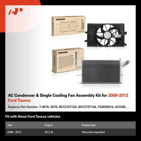 AC Condenser & Single Cooling Fan Assembly Kit for 2008-2012 Ford Taurus