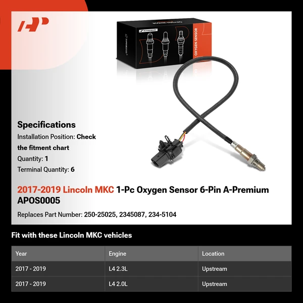 2017-2019 Lincoln MKC 1-Pc Oxygen Sensor 6-Pin A-Premium APOS0005
