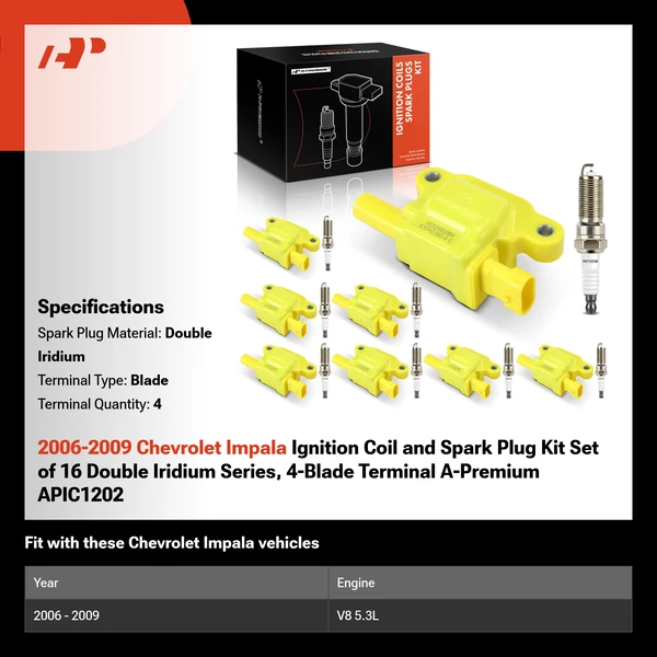 2006-2009 Chevrolet Impala Ignition Coil and Spark Plug Kit Set of 16 Double Iridium Series, 4-Blade Terminal A-Premium APIC1202