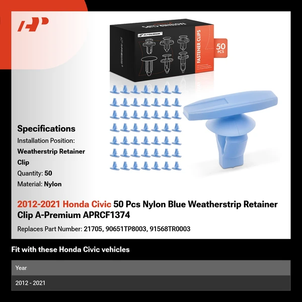 2012-2021 Honda Civic 50 Pcs Nylon Blue Weatherstrip Retainer Clip A-Premium APRCF1374