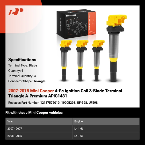 2007-2015 Mini Cooper 4-Pc Ignition Coil 3-Blade Terminal Triangle A-Premium APIC1481