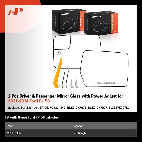 2 Pcs Driver & Passenger Mirror Glass with Power Adjust for 2011-2014 Ford F-150