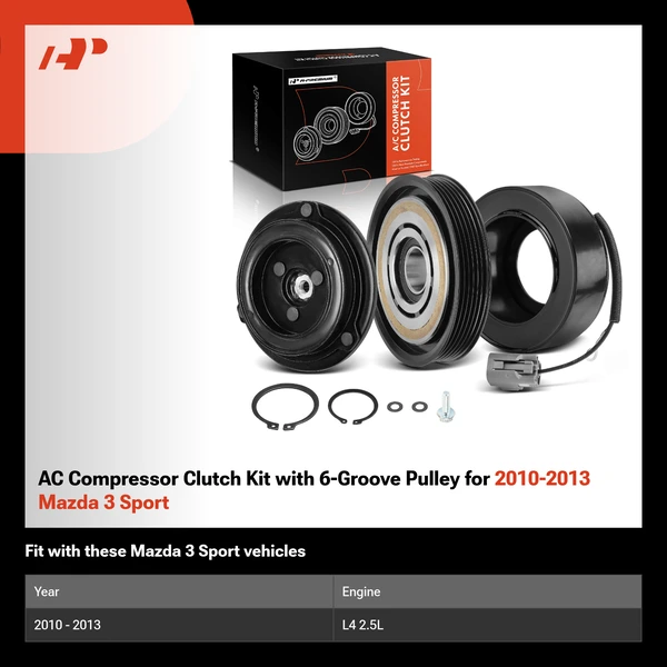 AC Compressor Clutch Kit with 6-Groove Pulley for 2010-2013 Mazda 3 Sport