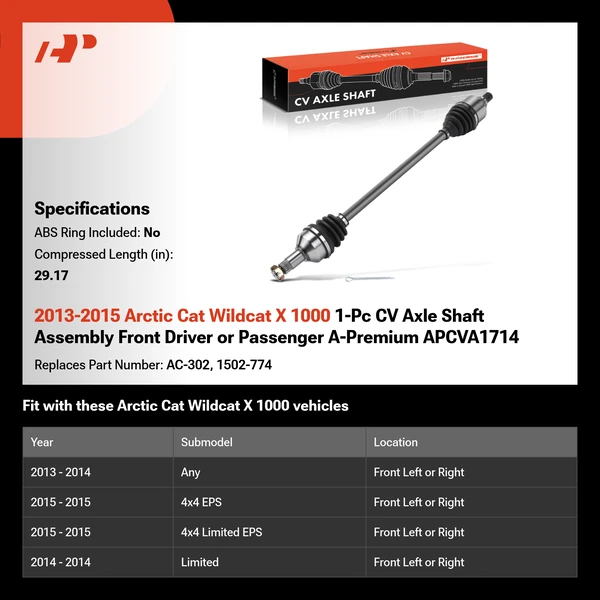 2013-2015 Arctic Cat Wildcat X 1000 1-Pc CV Axle Shaft Assembly Front Driver or Passenger A-Premium APCVA1714