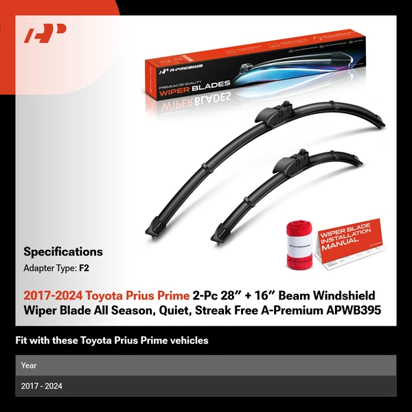 2017-2024 Toyota Prius Prime 2-Pc 28″ + 16″ Beam Windshield Wiper Blade All Season, Quiet, Streak Free A-Premium APWB395