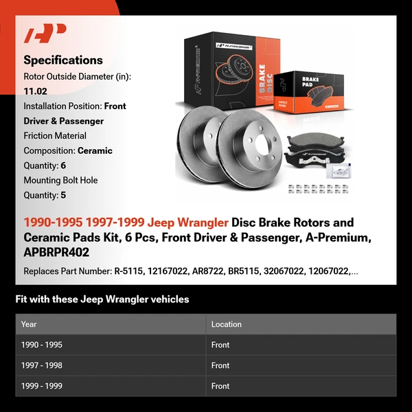 1990-1995 1997-1999 Jeep Wrangler Disc Brake Rotors and Ceramic Pads Kit, 6 Pcs, Front Driver & Passenger, A-Premium, APBRPR402