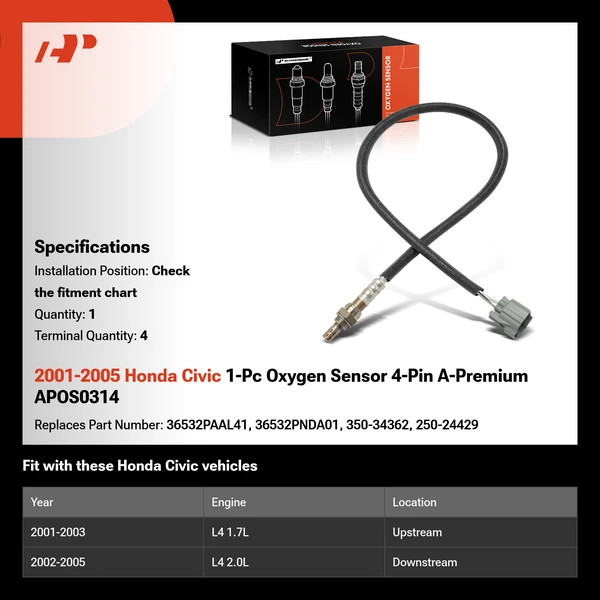 2001-2005 Honda Civic 1-Pc Oxygen Sensor 4-Pin A-Premium APOS0314