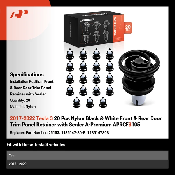 2017-2022 Tesla 3 20 Pcs Nylon Black & White Front & Rear Door Trim Panel Retainer with Sealer A-Premium APRCF3105