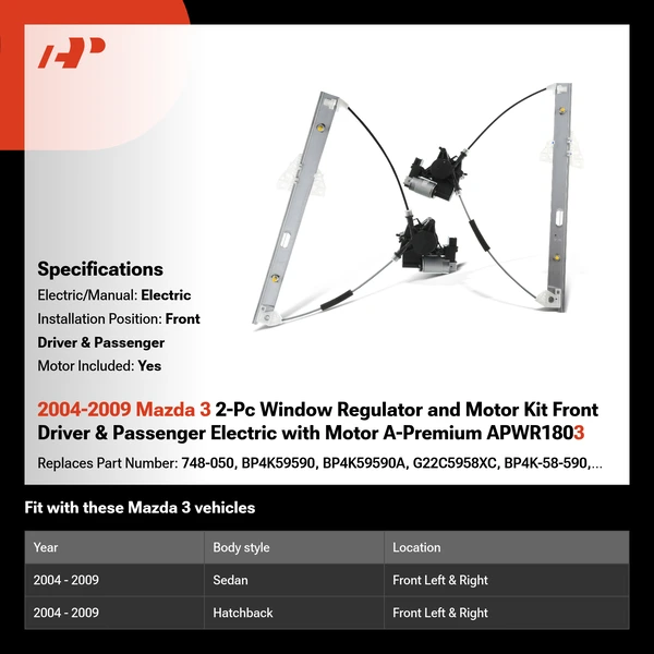 2004-2009 Mazda 3 2-Pc Window Regulator and Motor Kit Front Driver & Passenger Electric with Motor A-Premium APWR1803