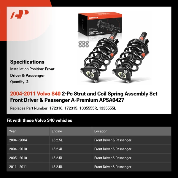 2004-2011 Volvo S40 2-Pc Strut and Coil Spring Assembly Set Front Driver & Passenger A-Premium APSA0427