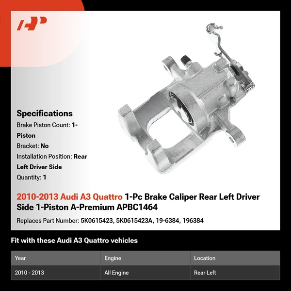 2010-2013 Audi A3 Quattro 1-Pc Brake Caliper Rear Left Driver Side 1-Piston A-Premium APBC1464