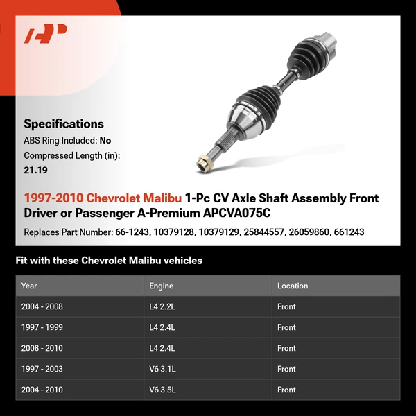 1997-2010 Chevrolet Malibu 1-Pc CV Axle Shaft Assembly Front Driver or Passenger A-Premium APCVA075C