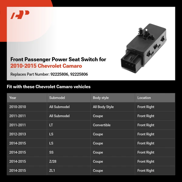 Front Passenger Power Seat Switch for 2010-2015 Chevrolet Camaro
