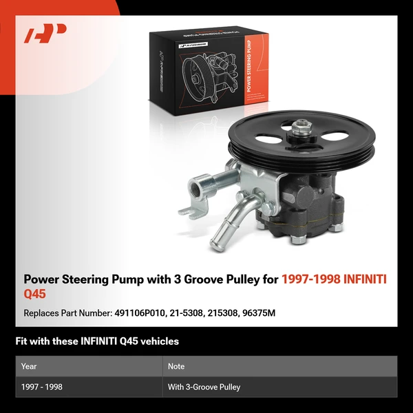 Power Steering Pump with 3 Groove Pulley for 1997-1998 INFINITI Q45