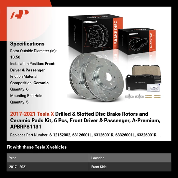 2017-2021 Tesla X Drilled & Slotted Disc Brake Rotors and Ceramic Pads Kit, 6 Pcs, Front Driver & Passenger, A-Premium, APBRPS1131