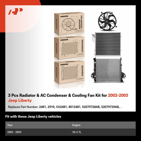 3 Pcs Radiator & AC Condenser & Cooling Fan Kit for 2002-2003 Jeep Liberty