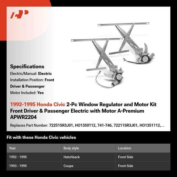1992-1995 Honda Civic 2-Pc Window Regulator and Motor Kit Front Driver & Passenger Electric with Motor A-Premium APWR2204