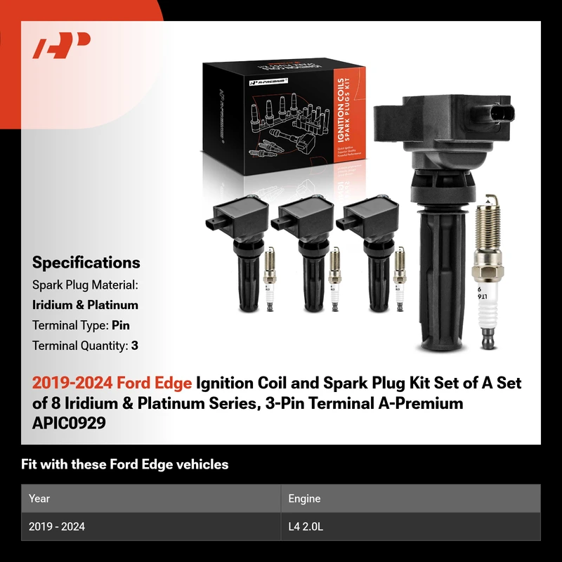 2019-2024 Ford Edge Ignition Coil and Spark Plug Kit Set of A Set of 8 Iridium & Platinum Series, 3-Pin Terminal A-Premium APIC0929
