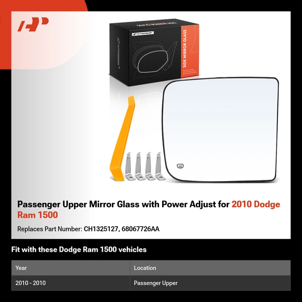 Passenger Upper Mirror Glass with Power Adjust for 2010 Dodge Ram 1500