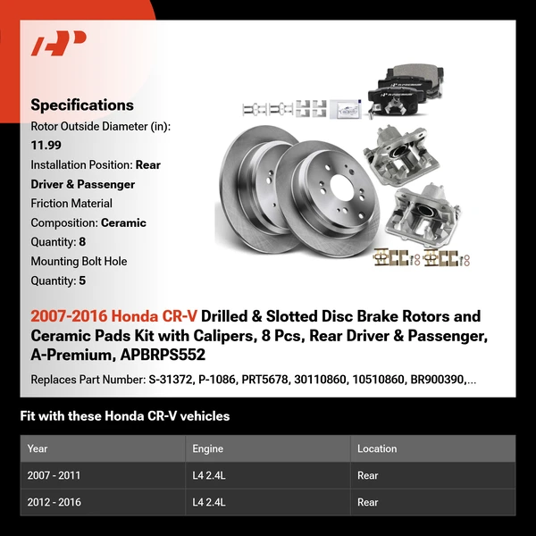 2007-2016 Honda CR-V Drilled & Slotted Disc Brake Rotors and Ceramic Pads Kit with Calipers, 8 Pcs, Rear Driver & Passenger, A-Premium, APBRPS552