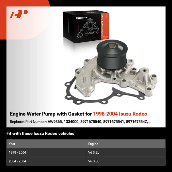 Engine Water Pump with Gasket for 1998-2004 Isuzu Rodeo