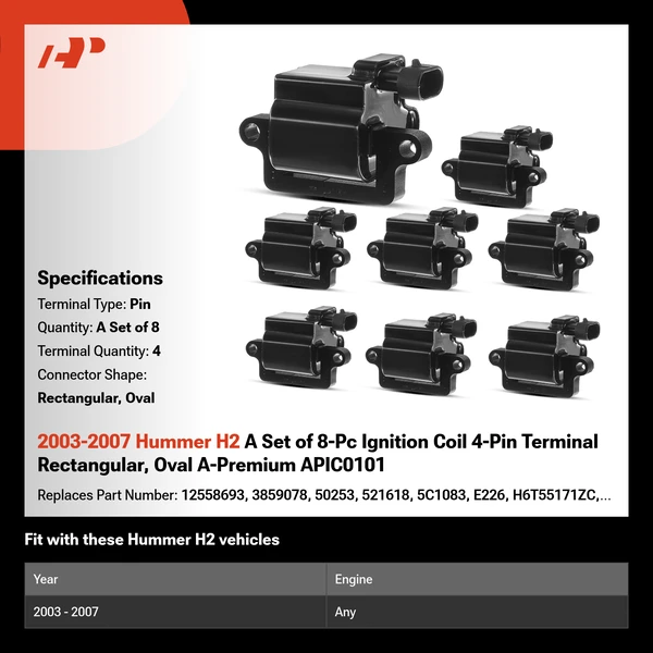 2003-2007 Hummer H2 A Set of 8-Pc Ignition Coil 4-Pin Terminal Rectangular, Oval A-Premium APIC0101