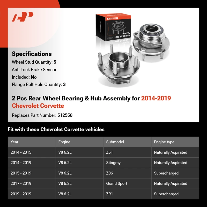 2 Pcs Rear Wheel Bearing & Hub Assembly for 2014-2019 Chevrolet Corvette