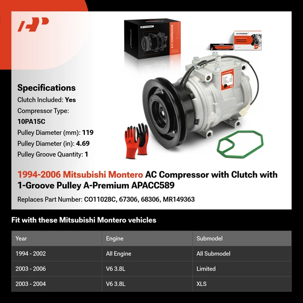 1994-2006 Mitsubishi Montero AC Compressor with Clutch with 1-Groove Pulley A-Premium APACC589