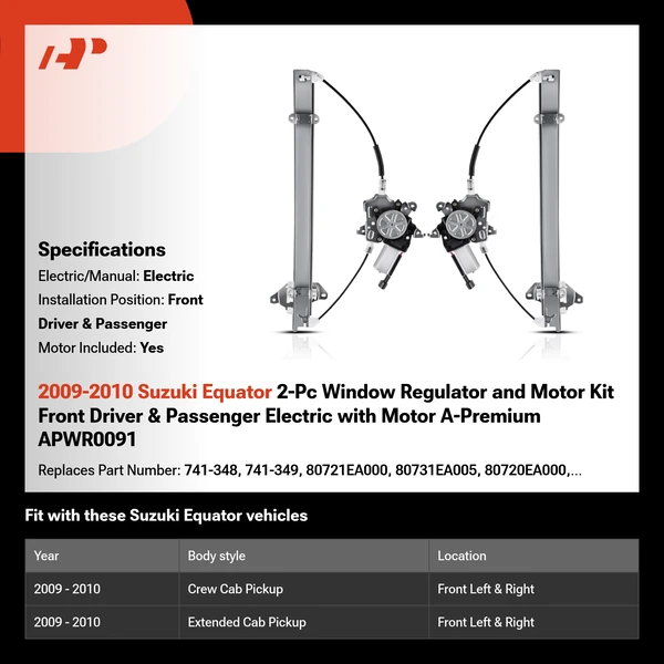 2009-2010 Suzuki Equator 2-Pc Window Regulator and Motor Kit Front Driver & Passenger Electric with Motor A-Premium APWR0091