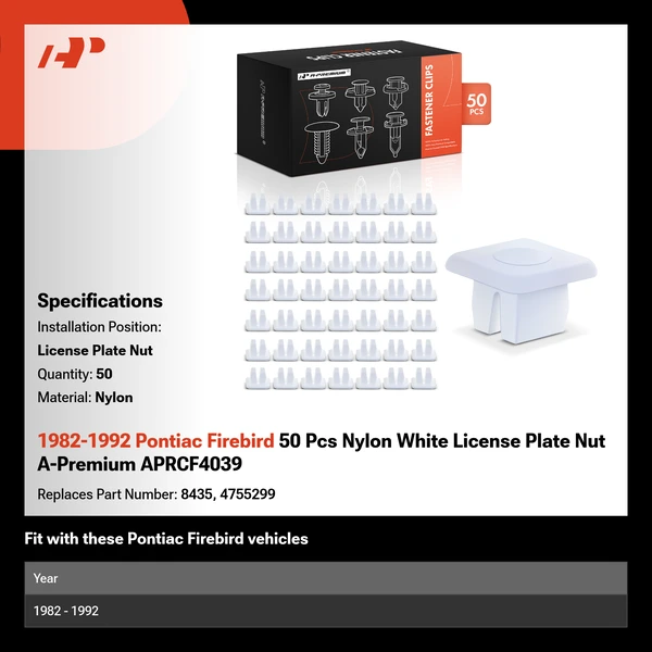 1982-1992 Pontiac Firebird 50 Pcs Nylon White License Plate Nut A-Premium APRCF4039