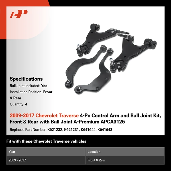2009-2017 Chevrolet Traverse 4-Pc Control Arm and Ball Joint Kit, Front & Rear with Ball Joint A-Premium APCA3125