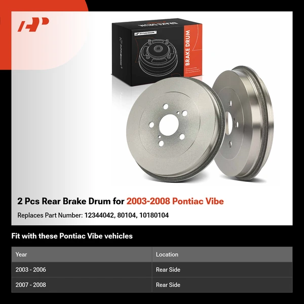 2 Pcs Rear Brake Drum for 2003-2008 Pontiac Vibe